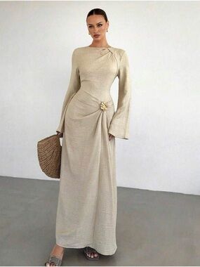 Elegant tan maxi long sleeve dress with gold detail